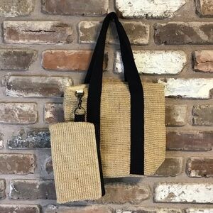 WACOAL Women's Tan Black Sisal Grass Woven Boho Tote Bag & Pouch NEW
